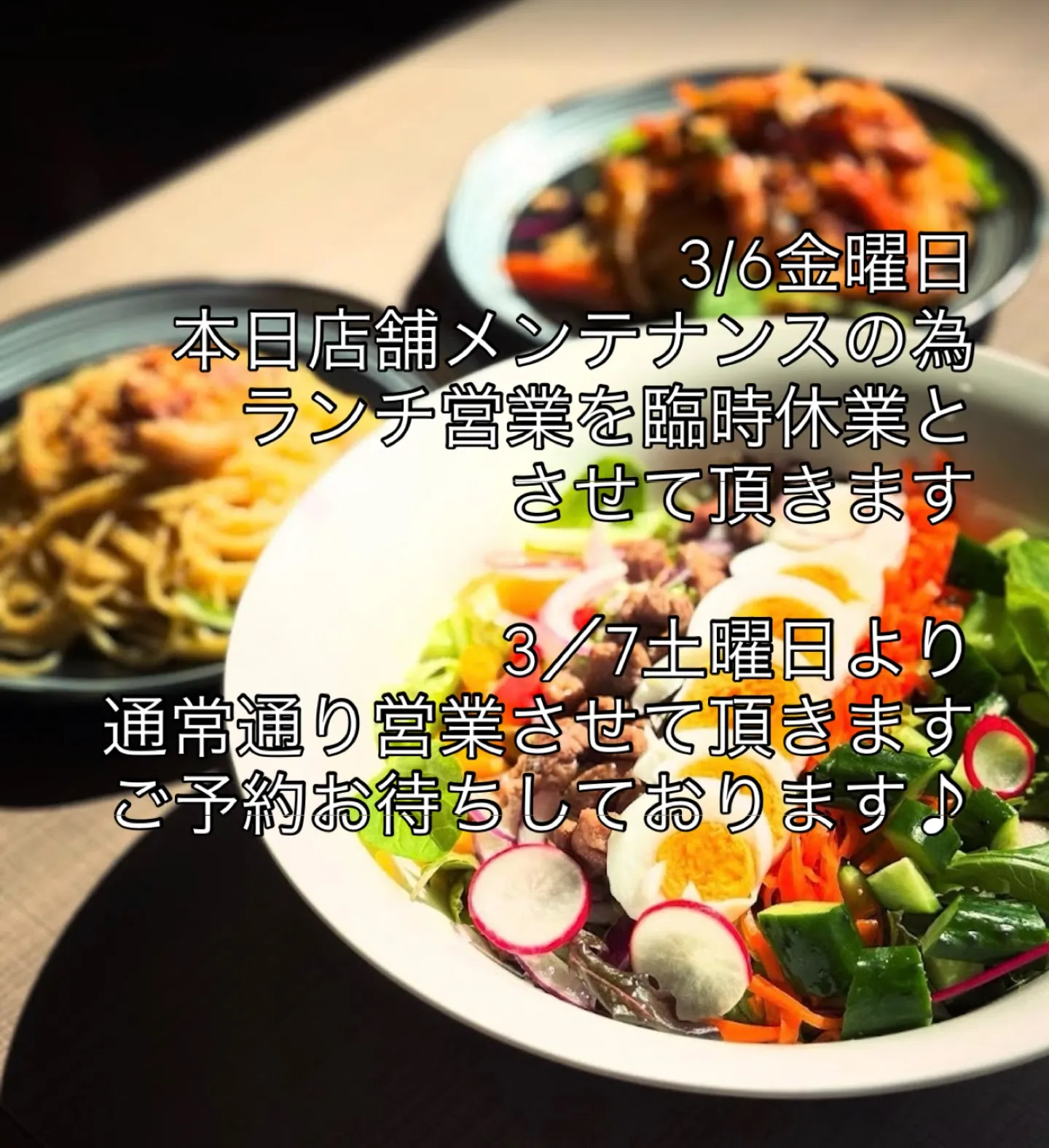 店舗メンテナンスの為、本日ランチ営業お休みになります。